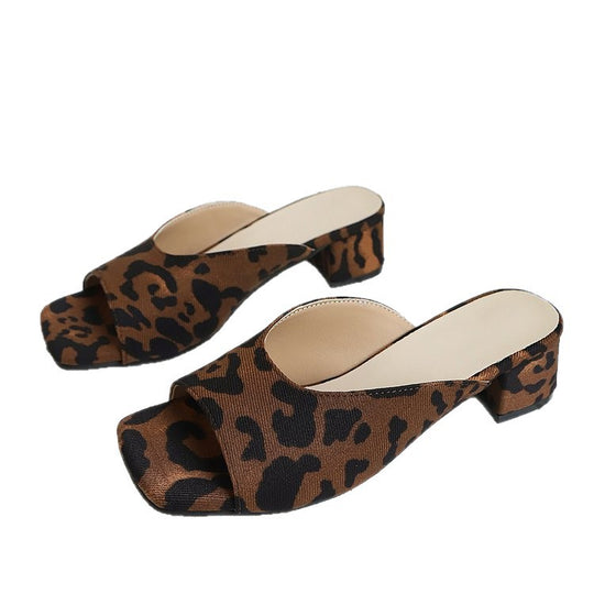 Damen Modische Mules mit Leopardenmuster und Blockabsatz R&B