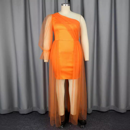 Damen elegantes One-Shoulder Kleid mit transparentem Tüllüberwurf R&B