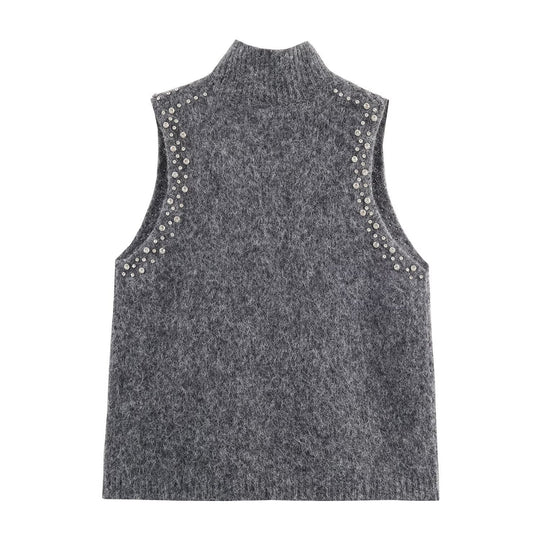 Damen ärmelloses Strickoberteil mit eleganten Perlenverzierungen R&B