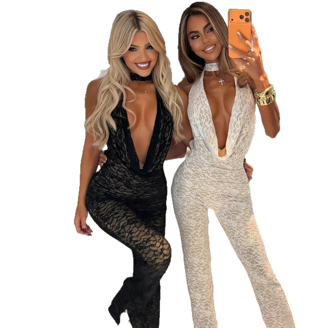 Damen Jumpsuit aus feiner Spitze mit tiefem V-Ausschnitt und eleganter Rückenpartie R&B