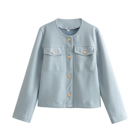 Damen elegante Modische Jacke mit zwei aufgesetzten Taschen und goldenen Knopfdetails R&B