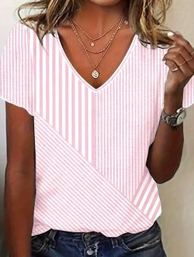 Damen V-Ausschnitt T-Shirt im modernen Streifen-Design Heidi-Mode