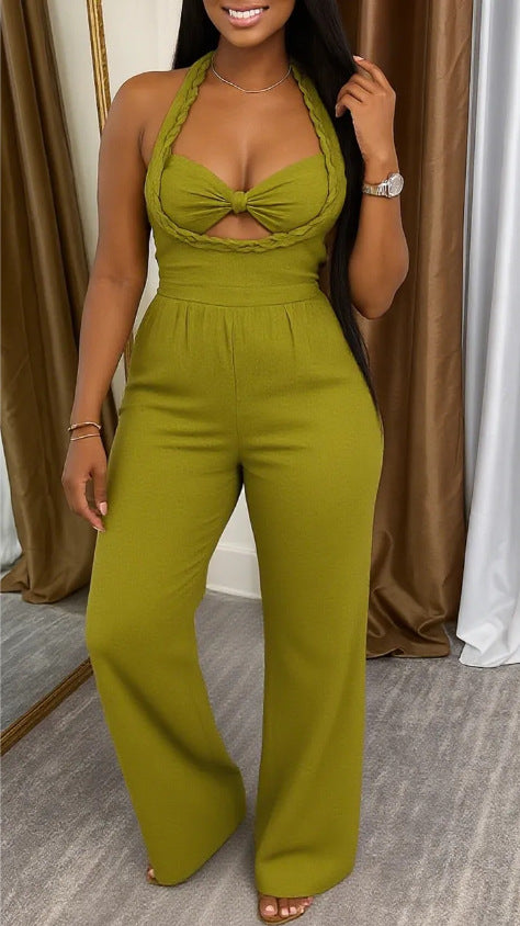 Damen nan taillierter Halter-Einteiler mit geflochtenen Trägern, geknotetem Bustier und weitem Hosenbein R&B