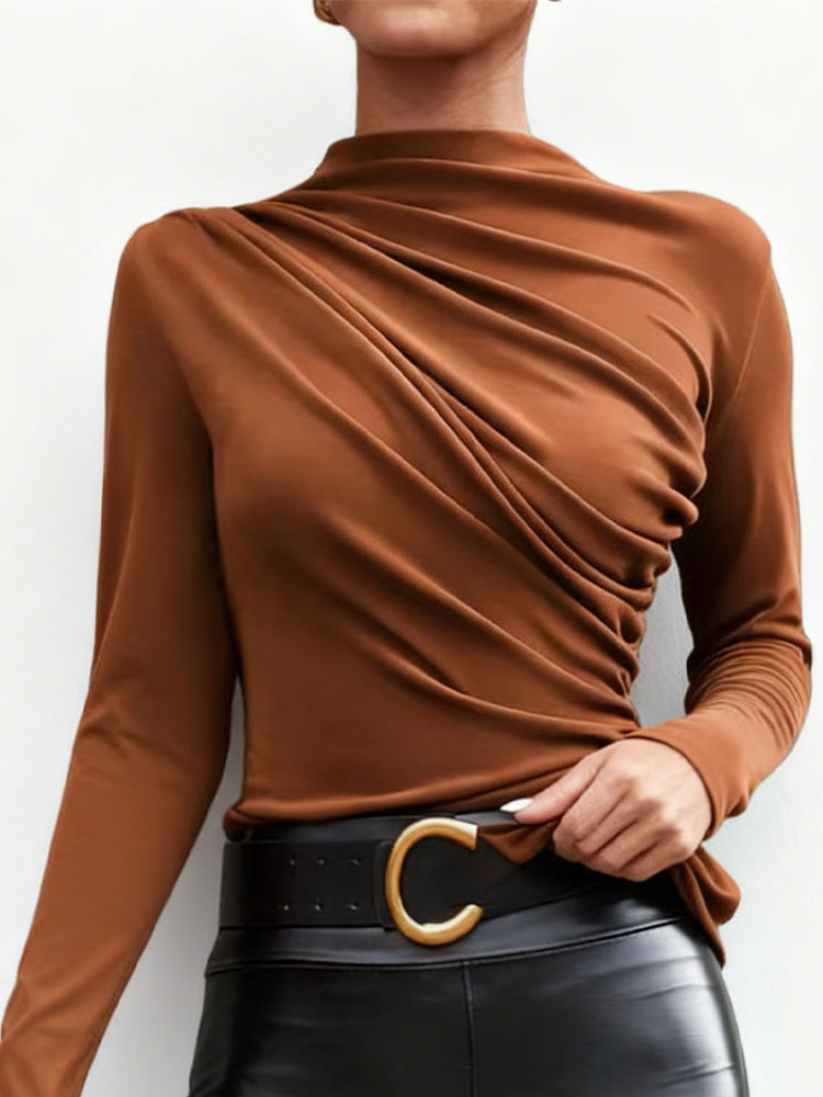 Damen elegantes Langarmshirt mit luxuriösem Drapierungsdesign und schickem Stehkragen R&B