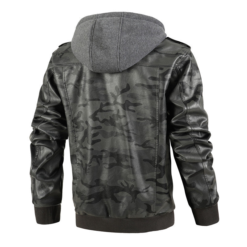 Herren Kunstlederjacke mit abnehmbarer Kapuze und multifunktionalen Taschen R&B