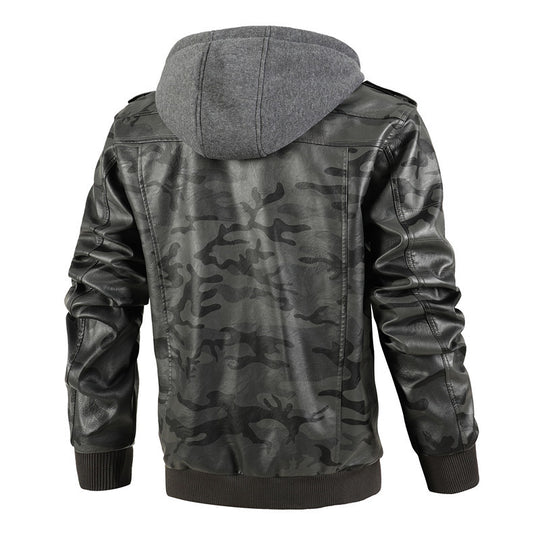 Herren Kunstlederjacke mit abnehmbarer Kapuze und multifunktionalen Taschen R&B