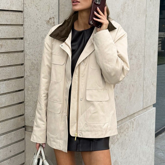 Damen Elegante Utility-Jacke mit samtigem Kragen und praktischen Taschen R&B
