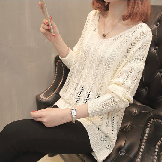 Damen Strickpullover mit elegantem V-Ausschnitt und lässigem Lochmuster R&B