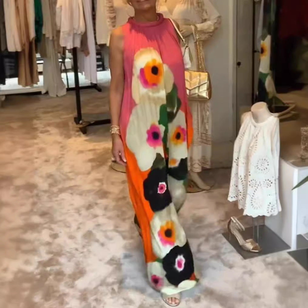 Damen nan ärmelloses Maxikleid mit gerafftem Stehkragen, weitem Palazzoschnitt und großfloralem Druck R&B