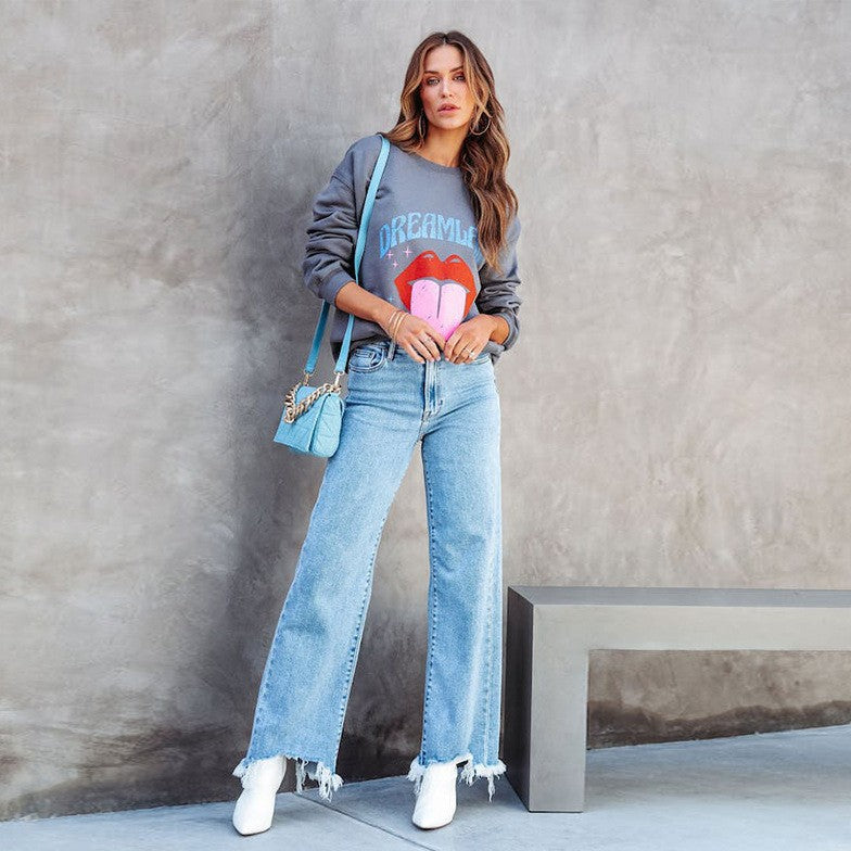 Damen Weite Jeans mit fransigem Saum R&B