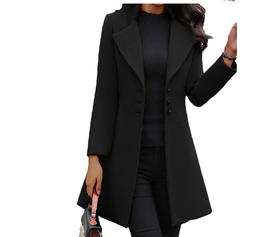 Damen eleganter Wool-Mantel mit stilvollem Reverskragen und doppelter Knopfreihe R&B