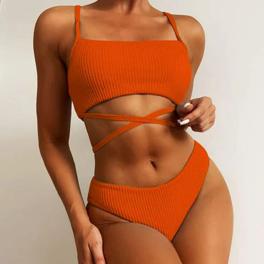 Damen Hochgeschnittener Ripp-Bikini mit Kreuzdetails R&B