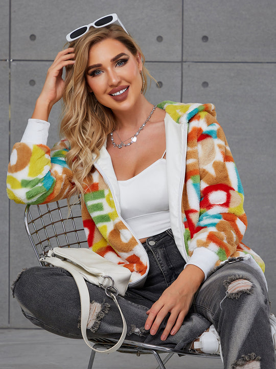 Damen Flauschige Kapuzenjacke mit buntem Muster und praktischen Taschen R&B