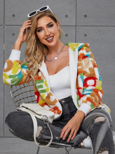 Damen Flauschige Kapuzenjacke mit buntem Muster und praktischen Taschen R&B