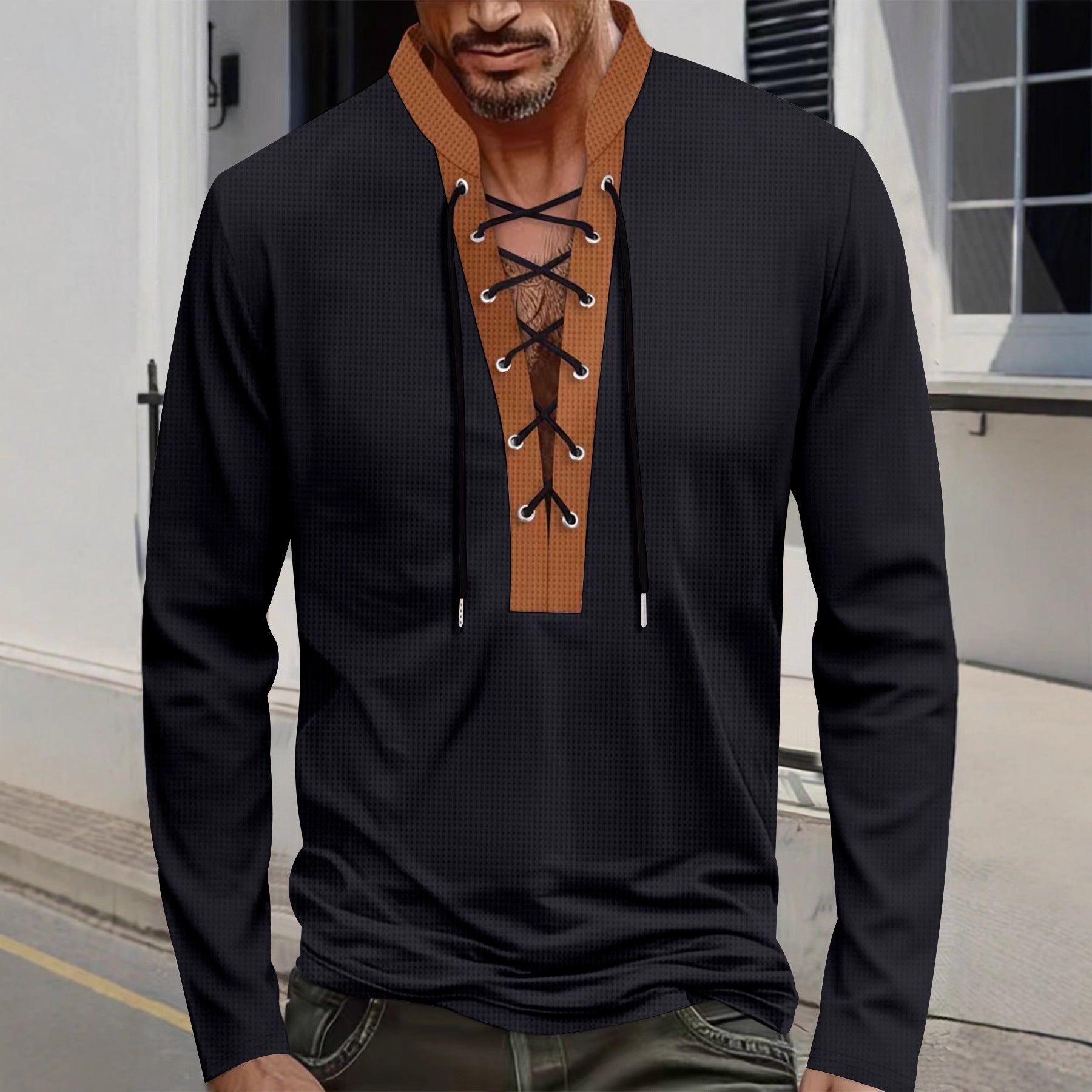 Herren modisches Langarmshirt mit Schnürung R&B