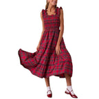 Damen Maxikleid mit voluminösen Rüschendetails und klassischen Karo-Muster R&B
