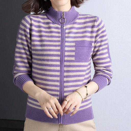Damen Strickjacke mit Stehkragen und Reißverschluss R&B