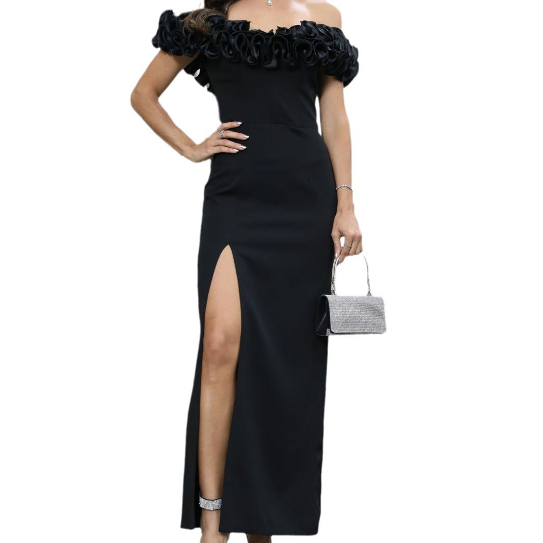 Damen Elegantes Maxikleid mit gerafftem Off-Shoulder-Design und hohem Beinschlitz R&B