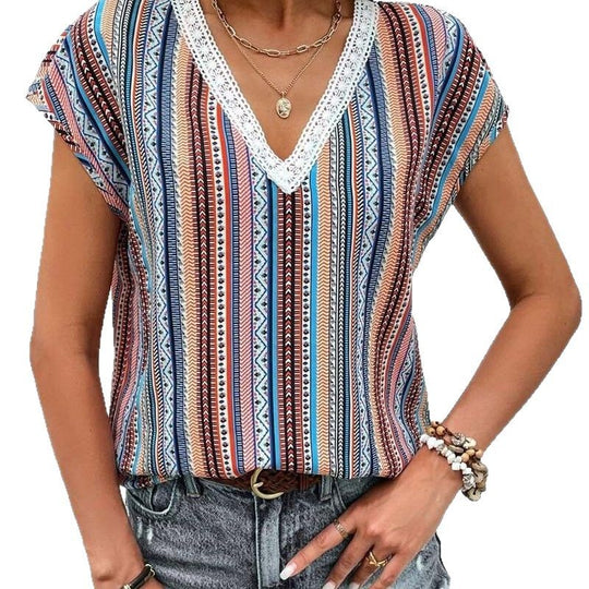 Damen Blusenshirt mit lässigem V-Ausschnitt und buntem Streifenmuster Heidi-Mode