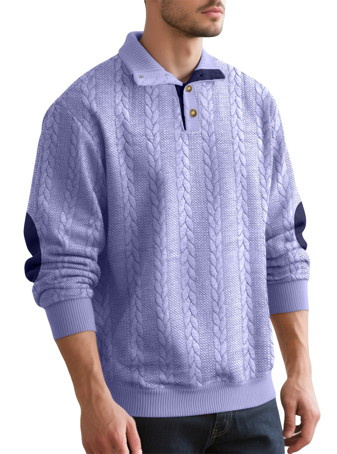 Herren nan Zopfmuster-Halbknopf-Pullover mit hohem Stehkragen und Wildleder-Ellbogenpatches R&B