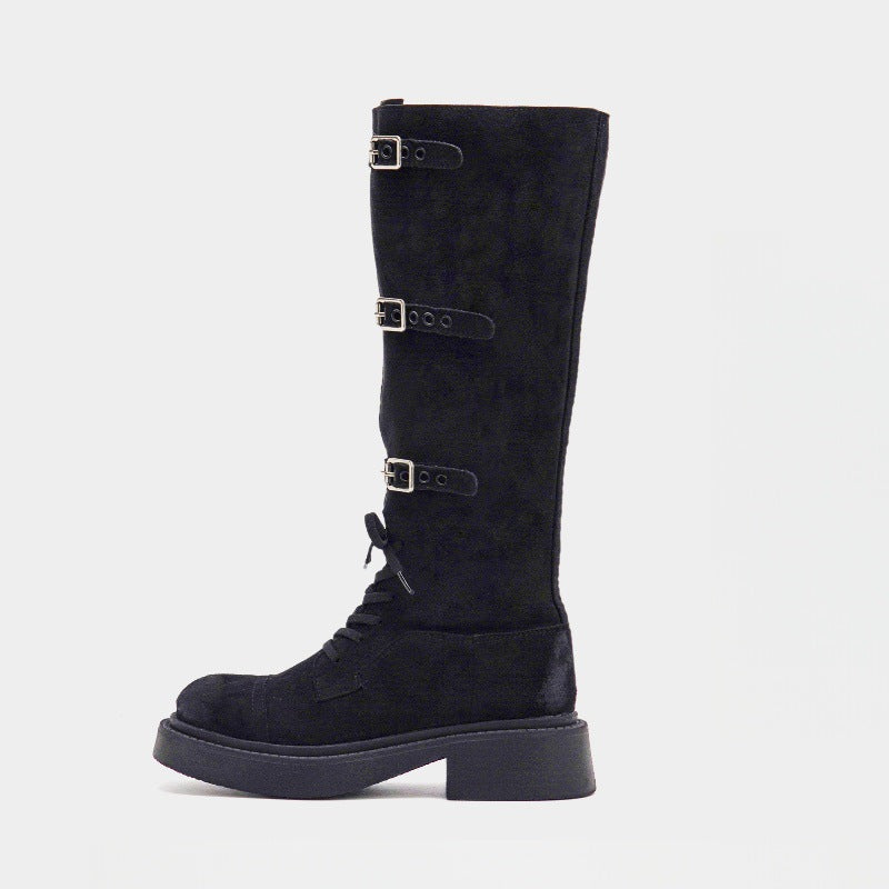 Damen Modische Overknee-Stiefel mit robustem Plateau und dekorativen Schnallen R&B