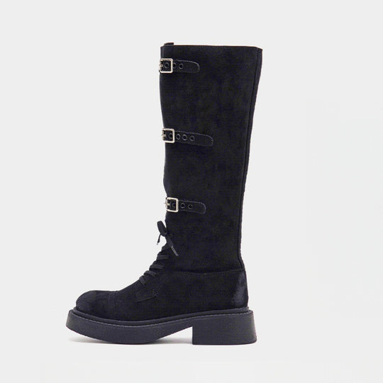 Damen Modische Overknee-Stiefel mit robustem Plateau und dekorativen Schnallen R&B