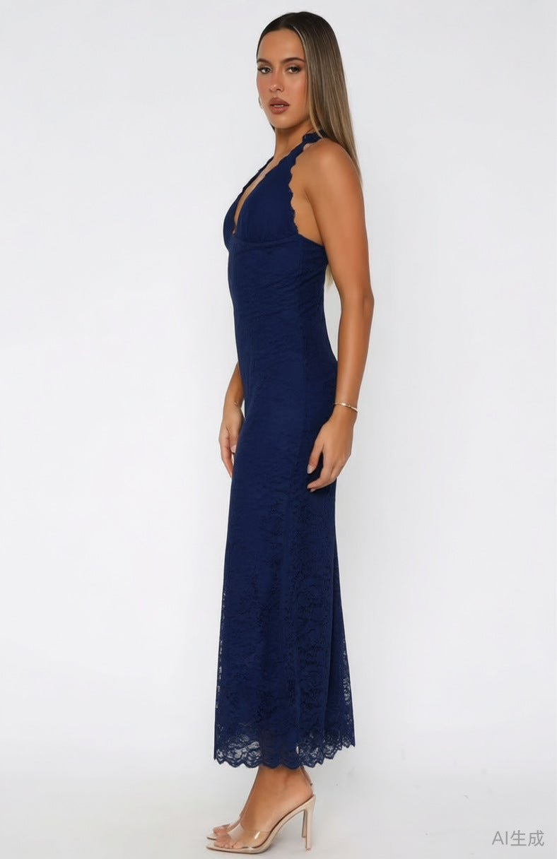 Damen Elegantes Spitzenmaxikleid mit halterndem Dekolleté R&B