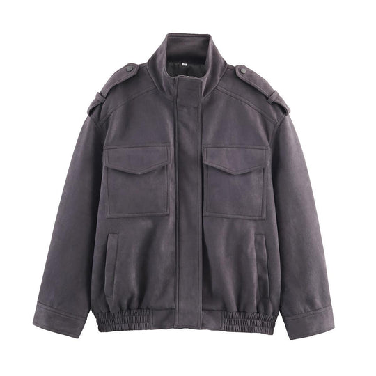 Damen Kunstlederjacke mit praktischen Pattentaschen und modernem Stehkragen R&B