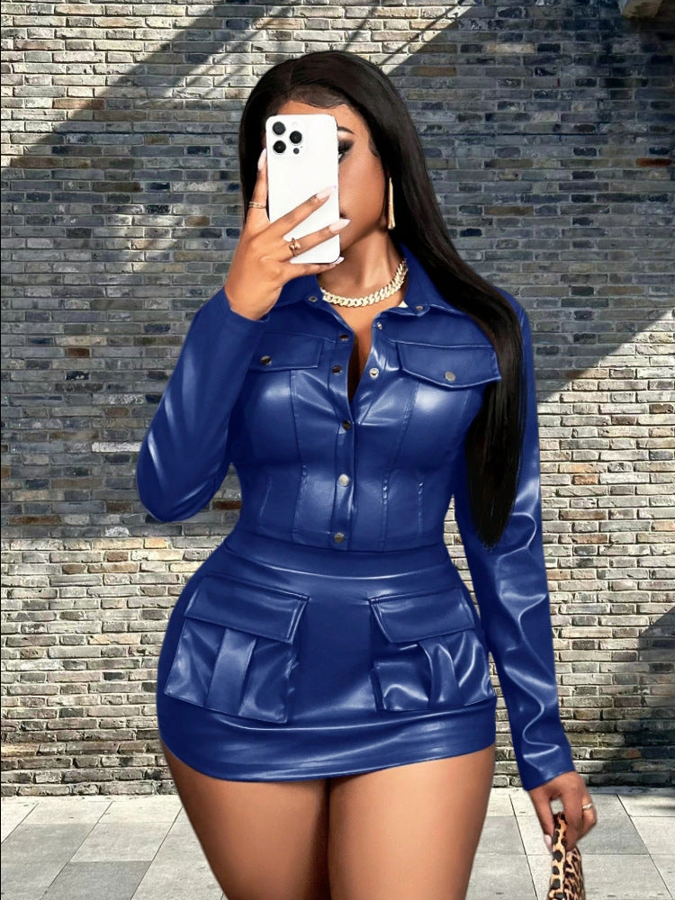 Damen Kunstleder Minikleid mit praktischen Klappentaschen R&B