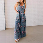 Damen Lässiger Denim-Hosenanzug mit floralem Print und weiten Beinen R&B