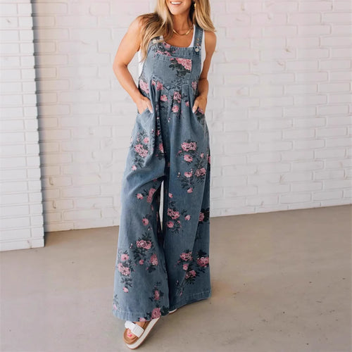 Damen Lässiger Denim-Hosenanzug mit floralem Print und weiten Beinen R&B