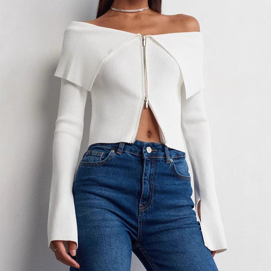Damen cropped Oberteil mit weitem Ausschnitt und Reißverschluss R&B