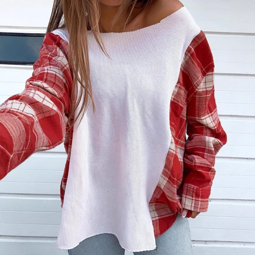 Damen nan Oversize Langarmshirt im Materialmix mit strukturierter Waffelstrick-Front und karierter Ärmelpartie R&B