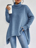 R&B | Rollkragenpullover Übergröße Passform Wollstrick Asymmetrischer Saum Gerippte Ärmel