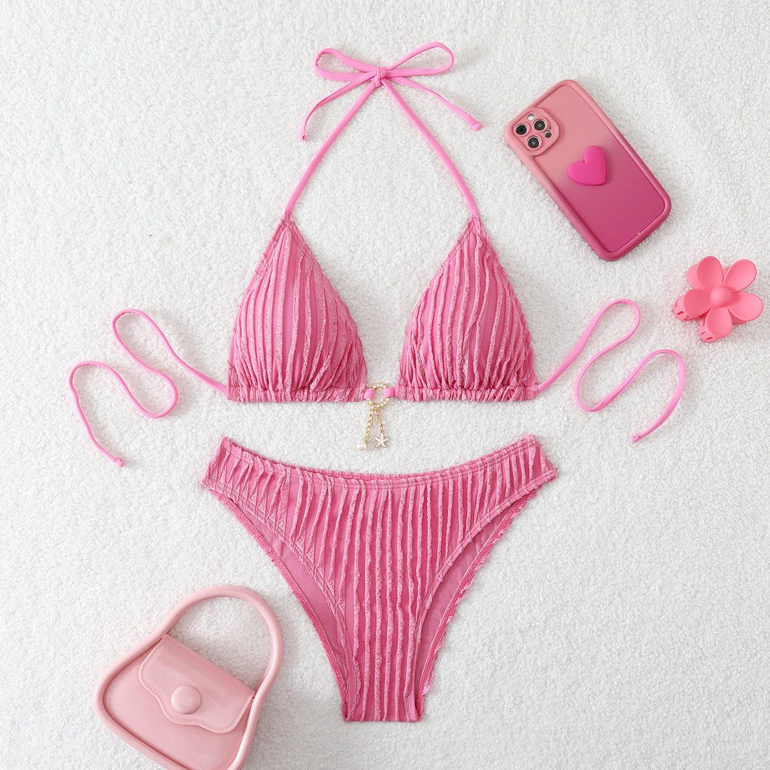 Damen Triangel-Bikini mit feiner Ripptextur und verspieltem Schmuckdetail R&B
