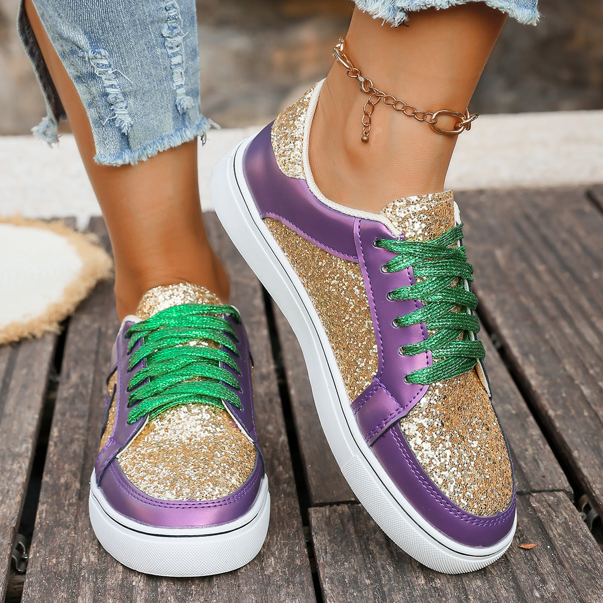 Damen Glitzernde Sneaker mit bunten Schnürsenkeln und weicher Sohle R&B