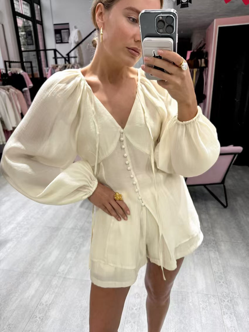 Damen verspielt geschnittenes Blusenset mit Puffärmeln und Knopfdetails R&B