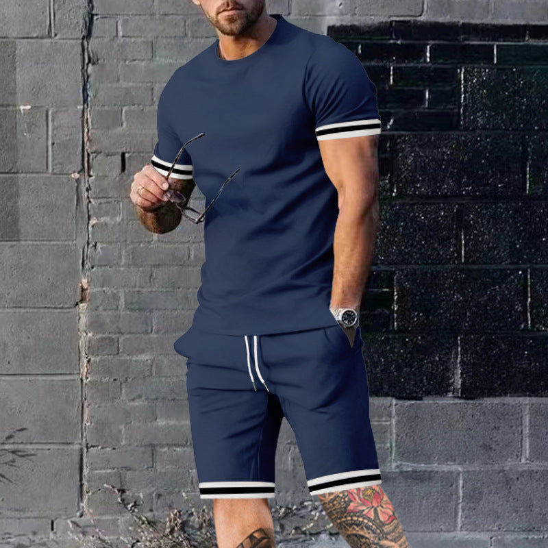 Herren nan athletisches Freizeit-Set aus Baumwoll-Feinjersey mit Kontrastbündchen und Kordelbund-Kurzhose R&B