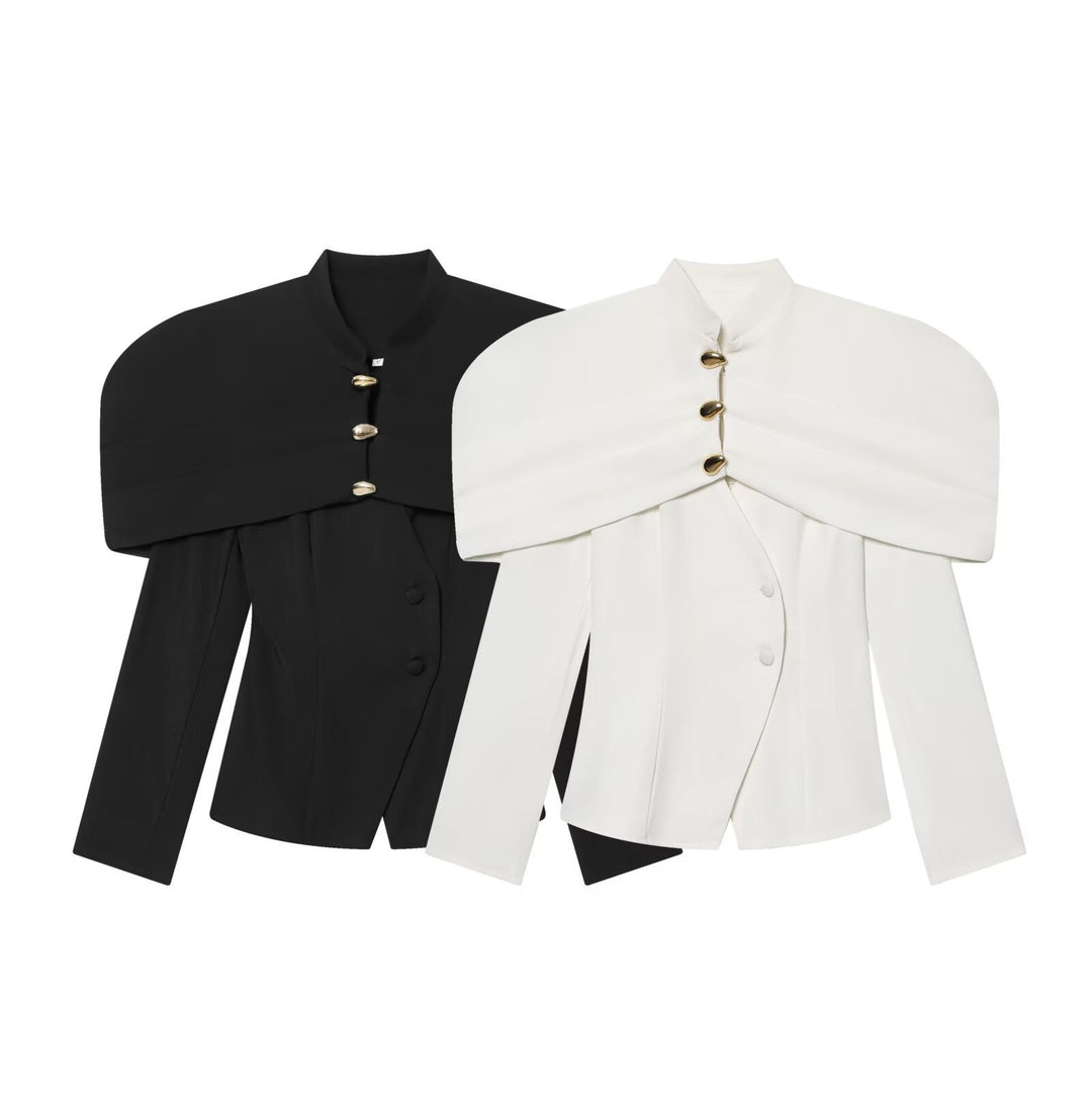 Damen elegante Blazerjacke mit übergroßen Schulterklappen und goldenen Knopfdetails R&B