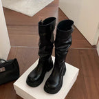 Damen Overknee-Stiefel mit elastischem Falten-Design und robustem Blockabsatz