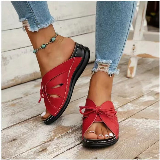 Damen bunte Slip-On Pantoletten mit dekorativem Knoten R&B