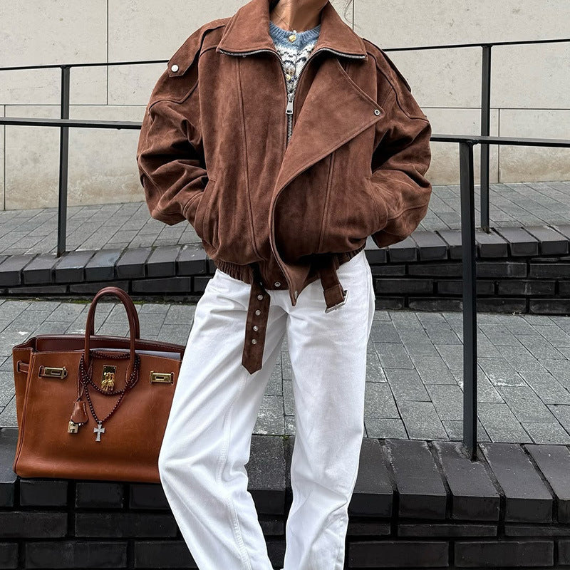 Damen lässige Wildlederjacke im Oversized-Stil mit Taillengürtel R&B