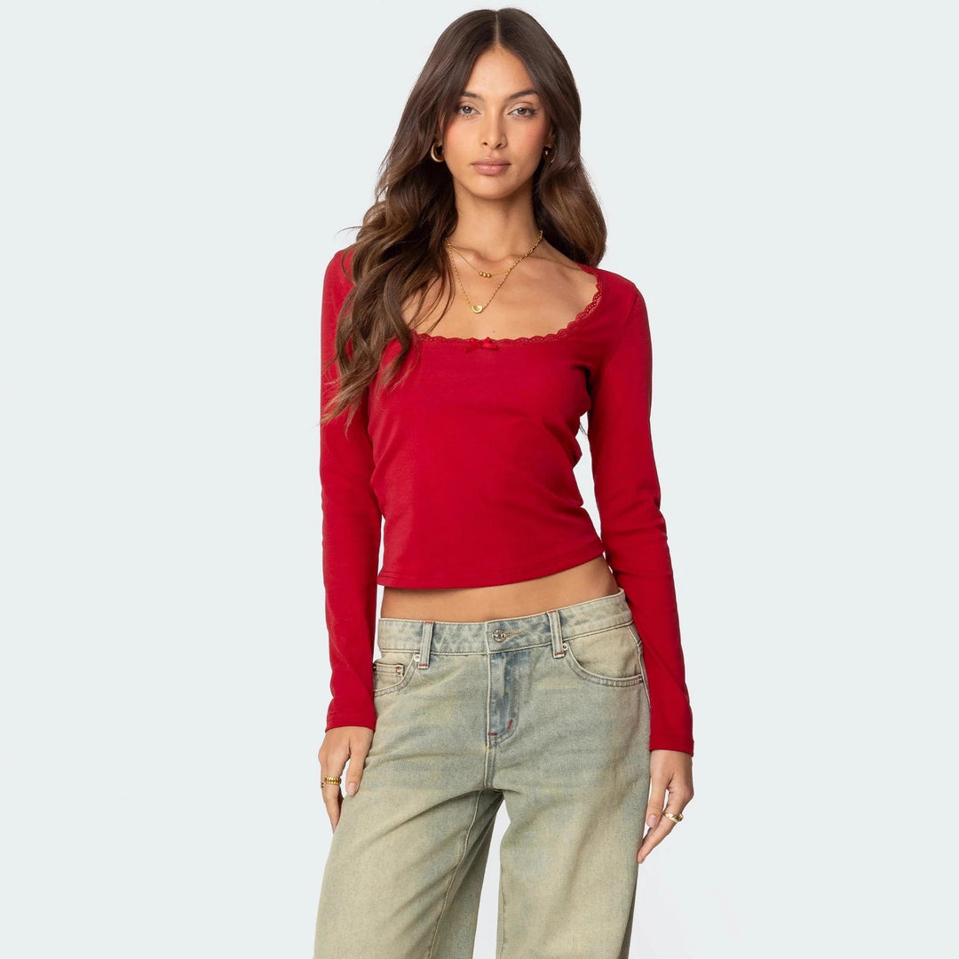 Damen Langarmshirt mit quadratischem Ausschnitt und Spitzenakzenten R&B