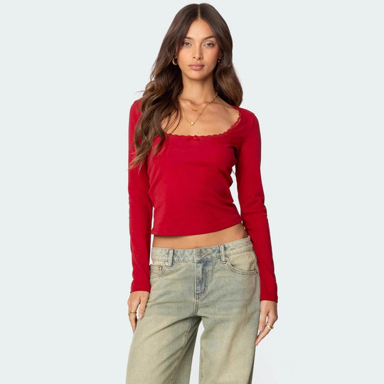 Damen Langarmshirt mit quadratischem Ausschnitt und Spitzenakzenten R&B