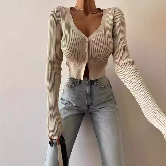 Damen Strick-Cardigan mit tiefem V-Ausschnitt und Knopfverschluss R&B