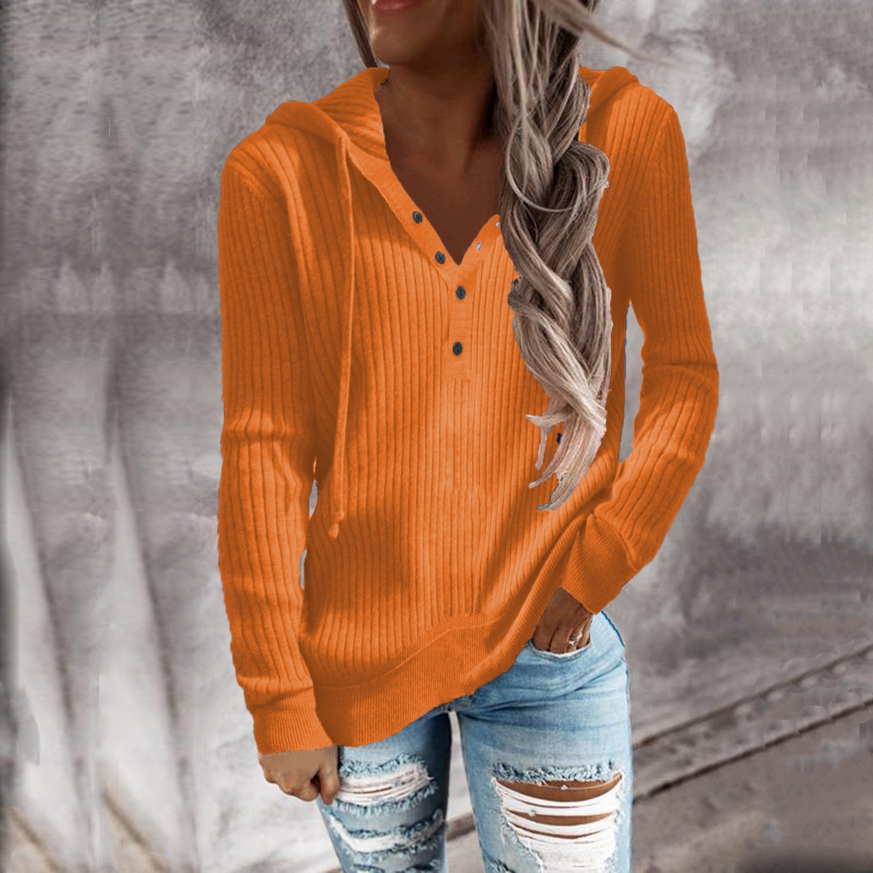 Damen Kapuzenpullover im modischen Rippdesign mit Knopfleiste R&B