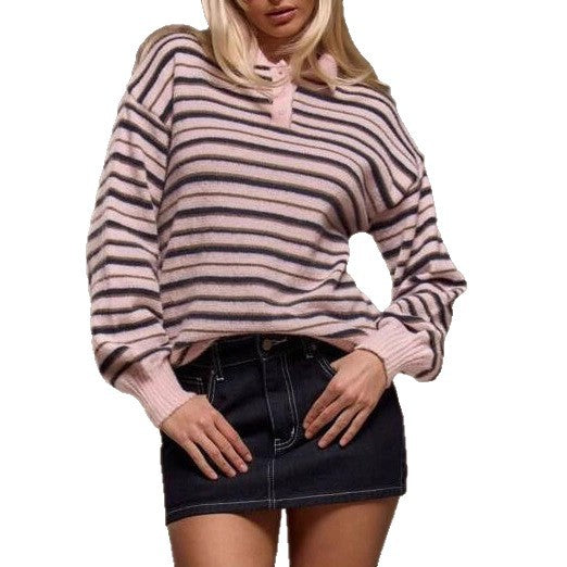 Damen gestreifter Pullover mit Polokragen R&B