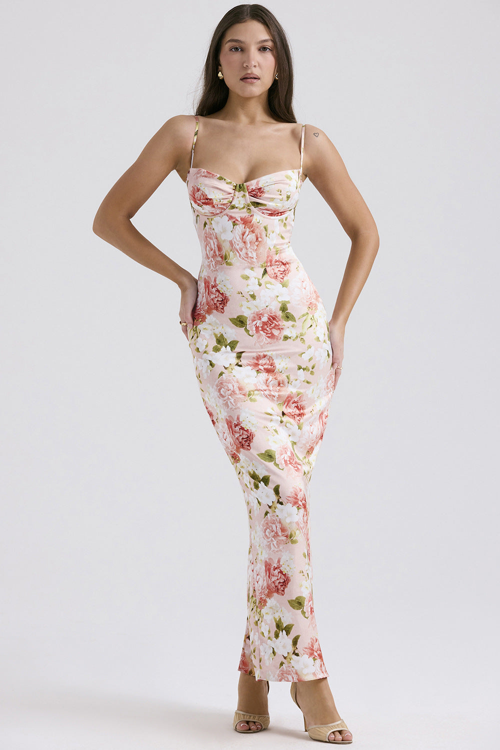 Damen Maxikleid mit floralem Spitzen-Design und schmalen Trägern R&B