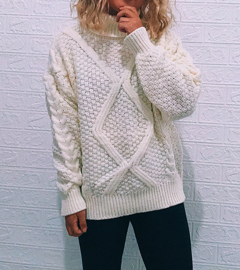Damen Grobstrickpullover mit modischem Zopfmuster und hohem Kragen R&B