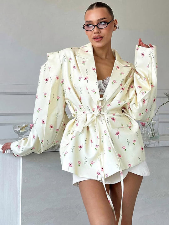 Damen elegante Blazerjacke mit floralem Design und Taillengürtel R&B